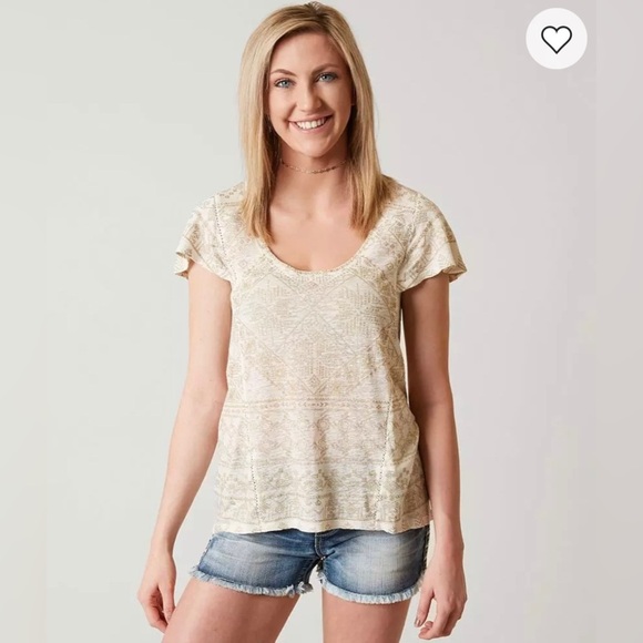 Lucky Brand Size 2X Metallic Geo Top Linen T Shirt Cream Boho Crochet Aztec - Picture 1 of 10